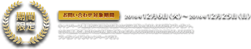 期間限定 お問い合わせ対象機関 2016年12月6日（火）から2016年12月25日（日）キャンペーン期間内にお問い合わせ頂いた方んいお祝い金30,000円をプレゼント、さらに抽選で選ばれた5名様にお祝い金30,000円の3倍の合計90,000円をプレゼントするキャンペーンです。